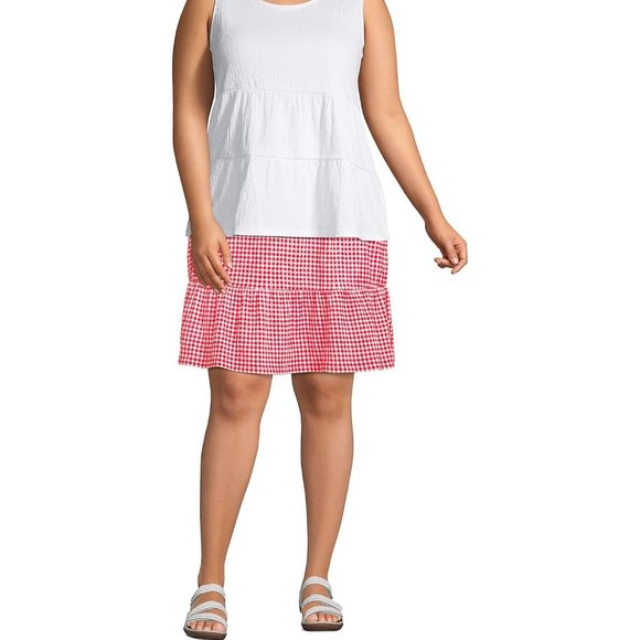 NWT  Lands End Women's Hi Rise Pull On Tiered Skirt Red Check Size XL $75 LE10 - Picture 1 of 5